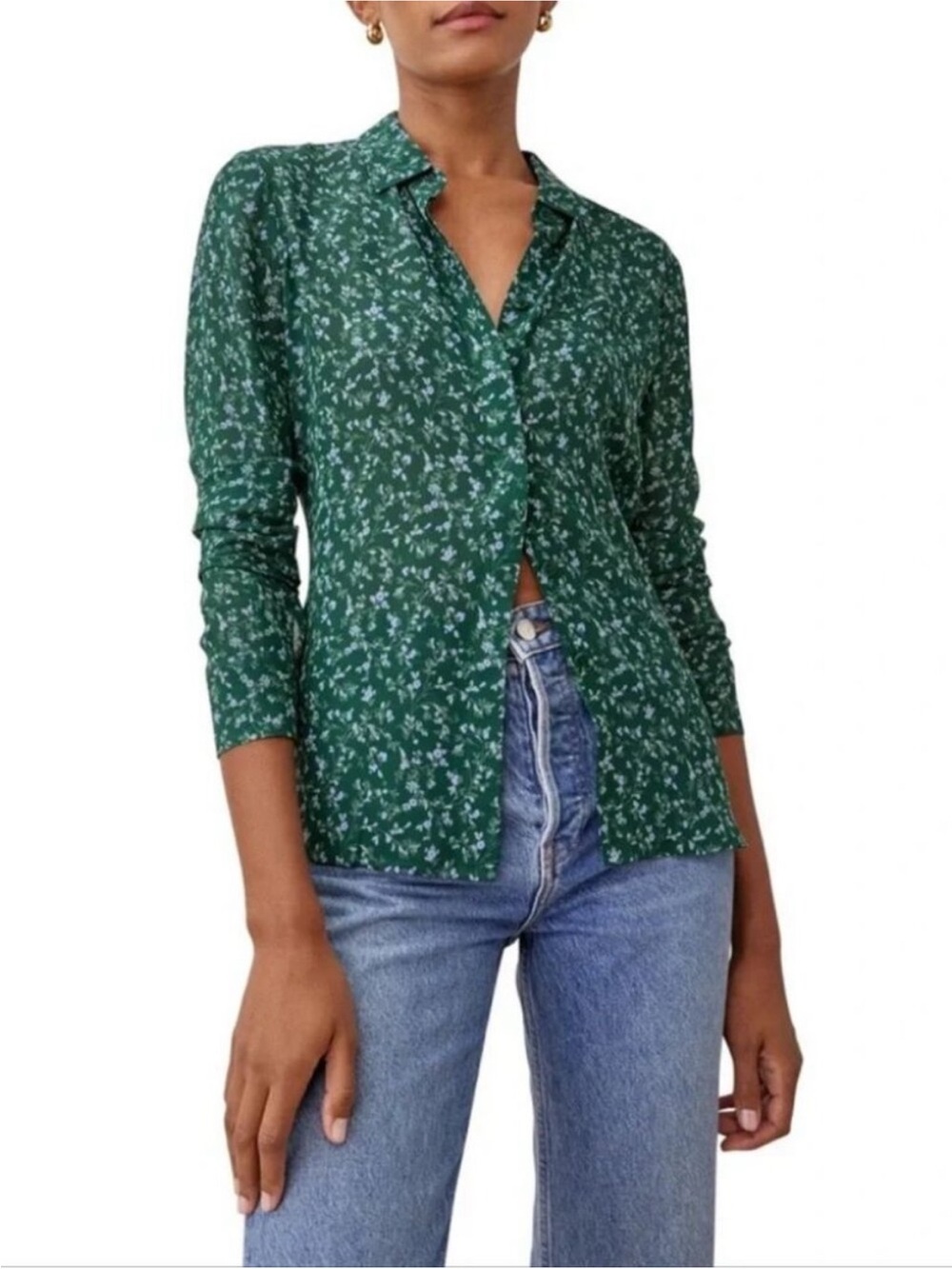 Reformation Violet Crepe Button Down Green Blouse size Medium